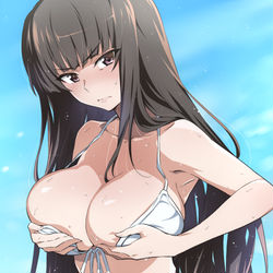 This is a pixiv picture whose title is 「……なぜ水着で撮影なんだ？」.