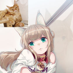 This is a pixiv picture whose title is 変な寝方をして髪の毛くしゃくしゃにするきなこ🐈.