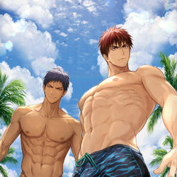 This is a pixiv picture whose title is 海のファイターwith青峰&火神.
