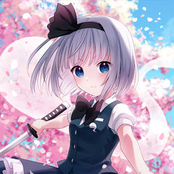This is a pixiv picture whose title is 桜と妖夢ちゃん.
