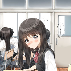 This is a pixiv picture whose title is 教科書を忘れた子と机をつけて授業するやつ好き.