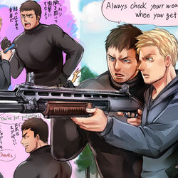This is a pixiv picture whose title is イーサンの訓練をするクリス（漫画もあります）.