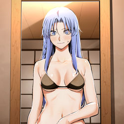 This is a pixiv picture whose title is 水着を着る際に問題が発生した若奥様.