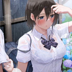 This is a pixiv picture whose title is 後輩と二人、突然の大雨に降られて。.