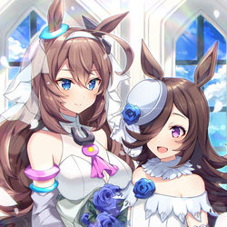 This is a pixiv picture whose title is ウエディングドレスに喜ぶライスシャワーを見守るミホノブルボン.