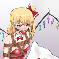 This is a pixiv picture whose title is Flan bunny bondage.
