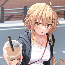 This is a pixiv picture whose title is 「……飲む？飲みかけで悪いけど……」.