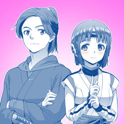 This is a pixiv picture whose title is 【スーパーヒーロー戦記の侍姿の社長の横にはくノ一姿のイズちゃんが.