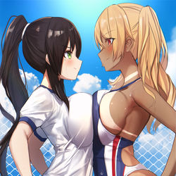 This is a pixiv picture whose title is フェチ衣装バトル　体操着VS競泳水着.