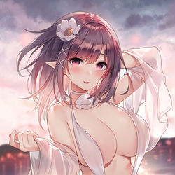 This is a pixiv picture whose title is 水着エルフ～夕暮れデート～.