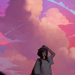 This is a pixiv picture whose title is 今夜は屋上で夕日を見ているような気分になる.