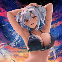 This is a pixiv picture whose title is 夕焼けと水着武蔵さん.