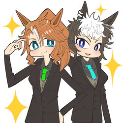 This is a pixiv picture whose title is メジロ家でスーツ似合いそうな2人に着させてはしゃぐメジロ家の乙女.