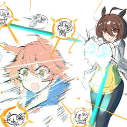 This is a pixiv picture whose title is 袖ビームを放つタキオンと拡散するマチカネフクキタル.