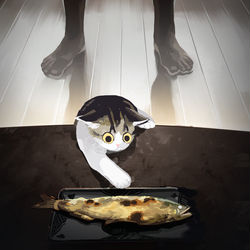 This is a pixiv picture whose title is 飼い主と猫.