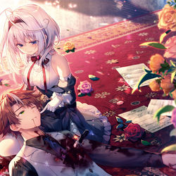 This is a pixiv picture whose title is 「また殺されてしまったのですね、探偵様」.