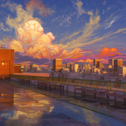 This is a pixiv picture whose title is School Roof Sunset.