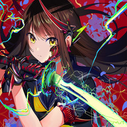 This is a pixiv picture whose title is 黒セーラー＋黒髪ロング＋刀＋α＝.