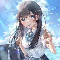 This is a pixiv picture whose title is 「半分たべる？」.