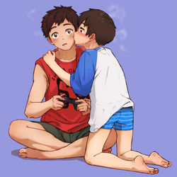 This is a pixiv picture whose title is 【ネップリ】ゲームに夢中なお兄さんにチュウするしょた.