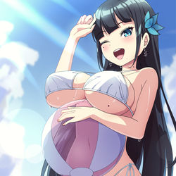 This is a pixiv picture whose title is 海ではしゃぐ黒髪ちゃん.