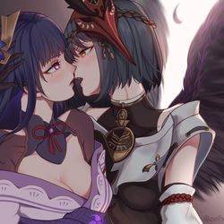 This is a pixiv picture whose title is Baal x Sara (Genshin Impact).