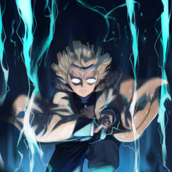 This is a pixiv picture whose title is 2日目、「 雷の呼吸 壱ノ型 」.