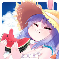 This is a pixiv picture whose title is スイカと麦わら帽子とぺこらさん.