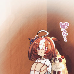 This is a pixiv picture whose title is すみっこの方にいるメイショウドトウとタヌキ.