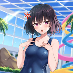 This is a pixiv picture whose title is 「スク水が良いっていうから着たけど…」.