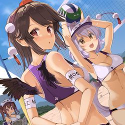 This is a pixiv picture whose title is 妖怪の山ビーチバレー部の練習風景.