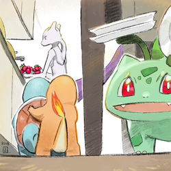 This is a pixiv picture whose title is ミュウツー「ごはんだぞー」.