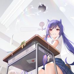 This is a pixiv picture whose title is 刻晴踩桌子（3P）.