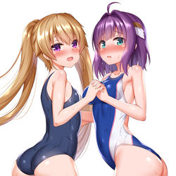 This is a pixiv picture whose title is プリケツ晒しちゃうスク水真白ちゃんと競泳水着莉佳ちゃん.