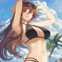 This is a pixiv picture whose title is 海辺の視線を集める長女の葵さん.