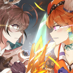 This is a pixiv picture whose title is Nanashi Mumei vs Takanashi Kiara.