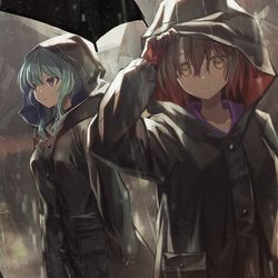 This is a pixiv picture whose title is 雨の中のロボ子さん&すいちゃん.