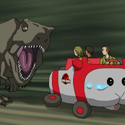 This is a pixiv picture whose title is ジュラシック・パークでティラノサウルスに追いかけられるモルカー.