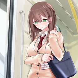 This is a pixiv picture whose title is 妹の制服を着て会社付近まで出勤するOLちゃん.