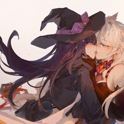 This is a pixiv picture whose title is 《不知道哪只小恶魔放的不亲亲抱抱就挣脱不了的束缚法术》.
