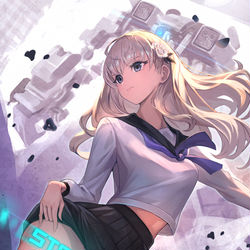 This is a pixiv picture whose title is 無敵の女子高生は、今時ロボットにだって乗っちゃうんだから！.