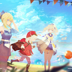 This is a pixiv picture whose title is 琴＆可莉＆芭芭拉·海岛闲逸.