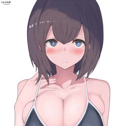 This is a pixiv picture whose title is 幼馴染に昔着ていたスク水を着せてみたら成長がすごかった.