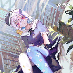 This is a pixiv picture whose title is 書架とメガネと柄タイツ.