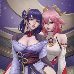 This is a pixiv picture whose title is Raiden Shogun & Yae (原神).