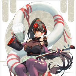 This is a pixiv picture whose title is 蛇と三味線とくのいち.
