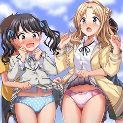 This is a pixiv picture whose title is 悪ガキにイタズラでパンツ見せられる雛菜と小糸.