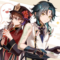 This is a pixiv picture whose title is 魈くん&胡桃ちゃん.
