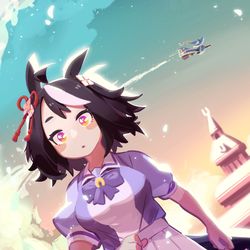 This is a pixiv picture whose title is キタサンブラックと空飛ぶ魔女とときめき予感.