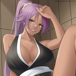 This is a pixiv picture whose title is Shihouin Yoruichi (Bleach).